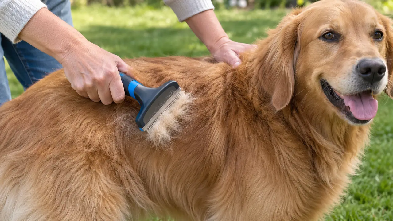 Close view of the deshedding brush moving through the coat of a large dog in a backyard, loose undercoat fur gathered in the teeth