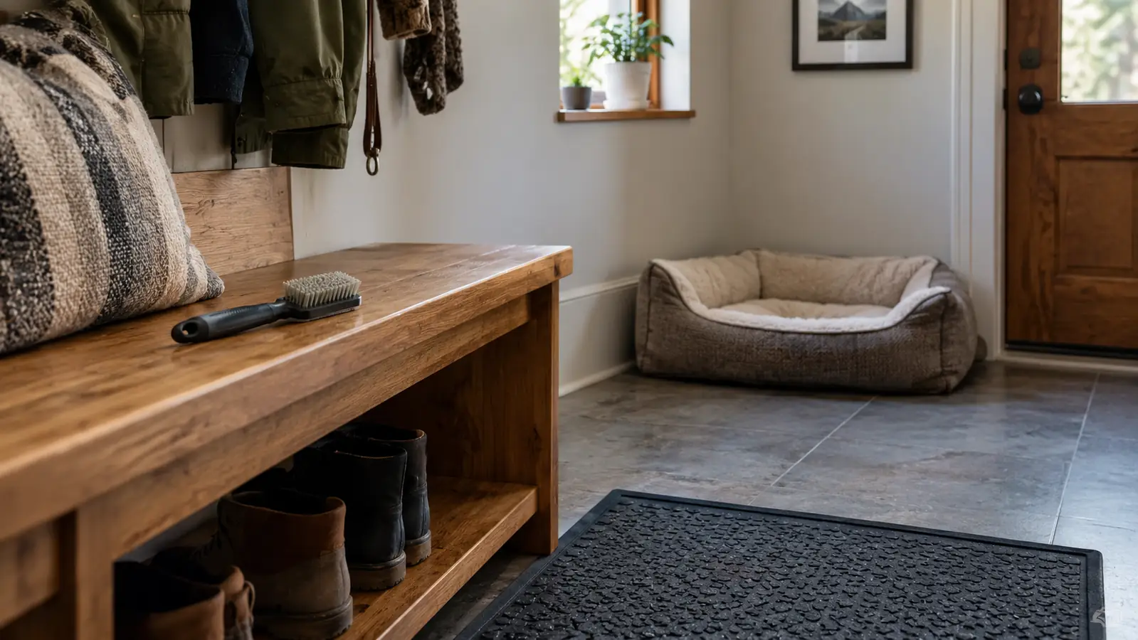 A tidy mudroom entry with a grooming brush resting on a wooden bench and an empty dog bed nearby