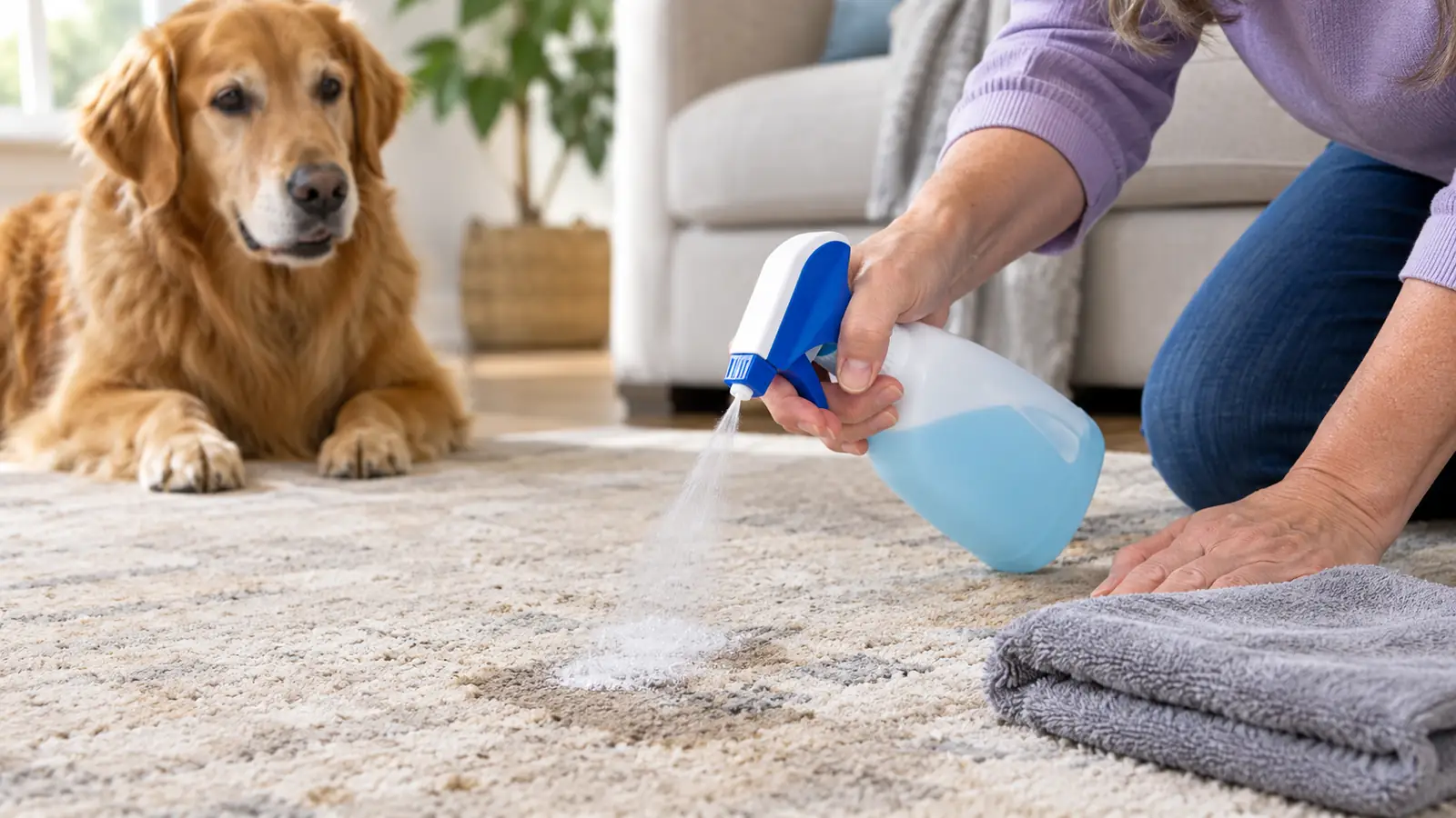 Hand spraying a stain remover onto a rug while a large dog watches