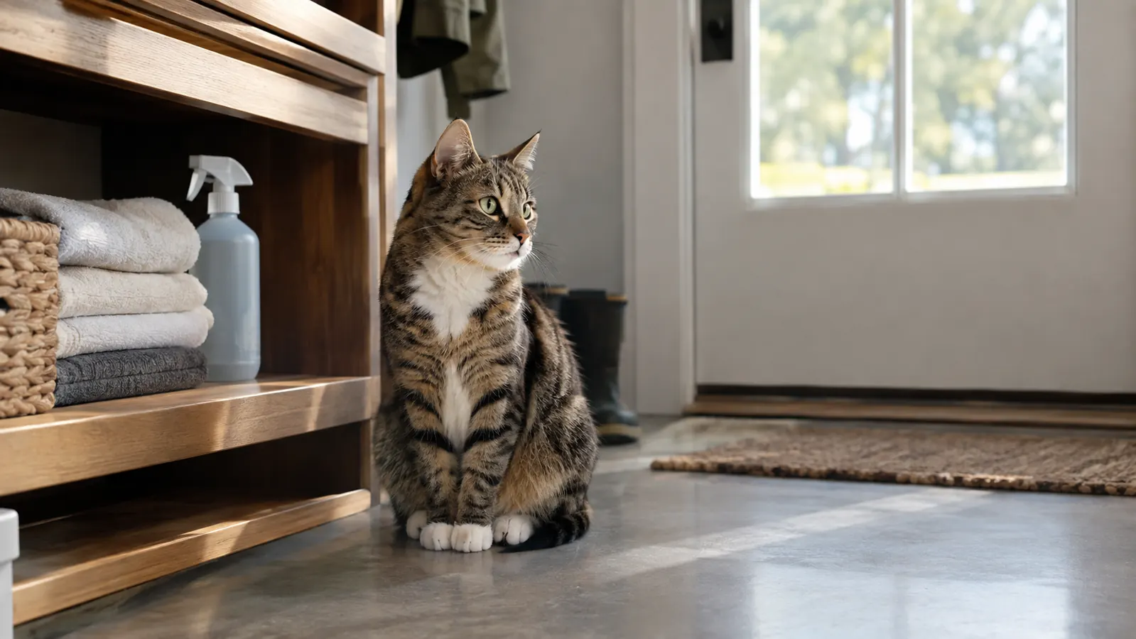 Cat sitting in a mudroom near a shelf holding cleaning supplies