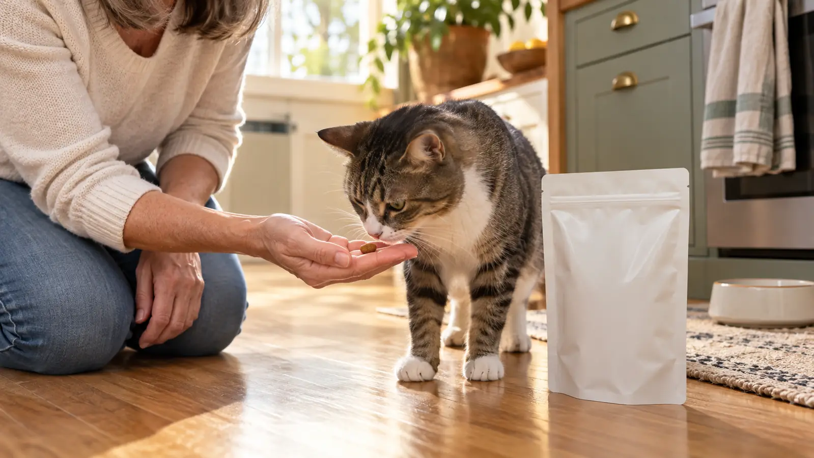 A cat sniffing a small treat held out on a person's open palm