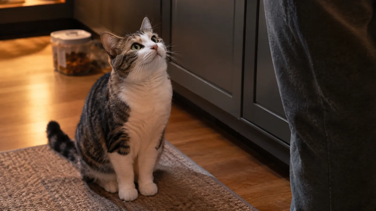 A cat sitting beside a kitchen counter looking up expectantly