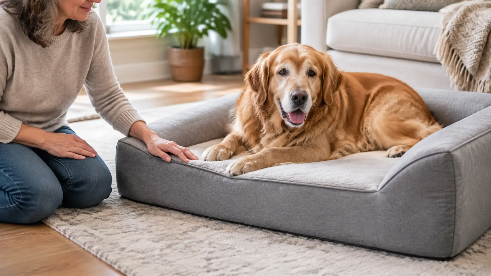 Person kneeling beside an orthopedic dog bed while a large dog lies on the bed.