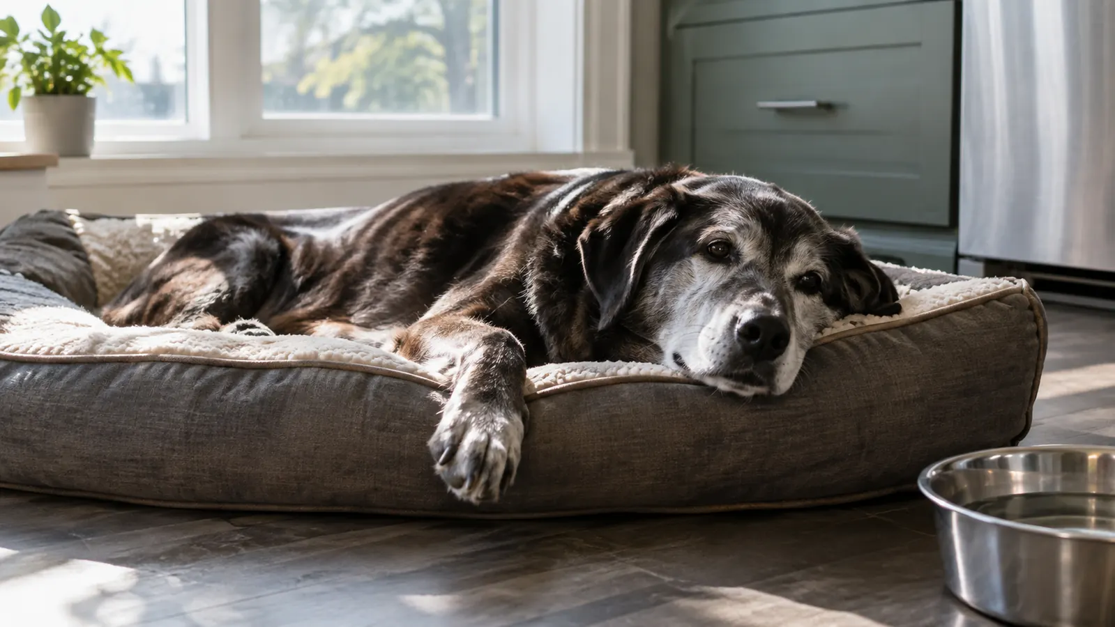 Older dog stretched out on a cushioned dog bed near a stainless steel water bowl in a kitchen.
