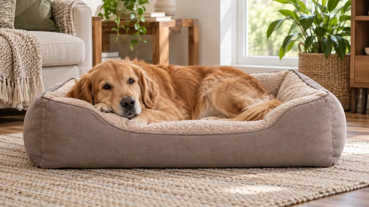 A dog lying on the orthopedic pet bed with its head resting on the edge.