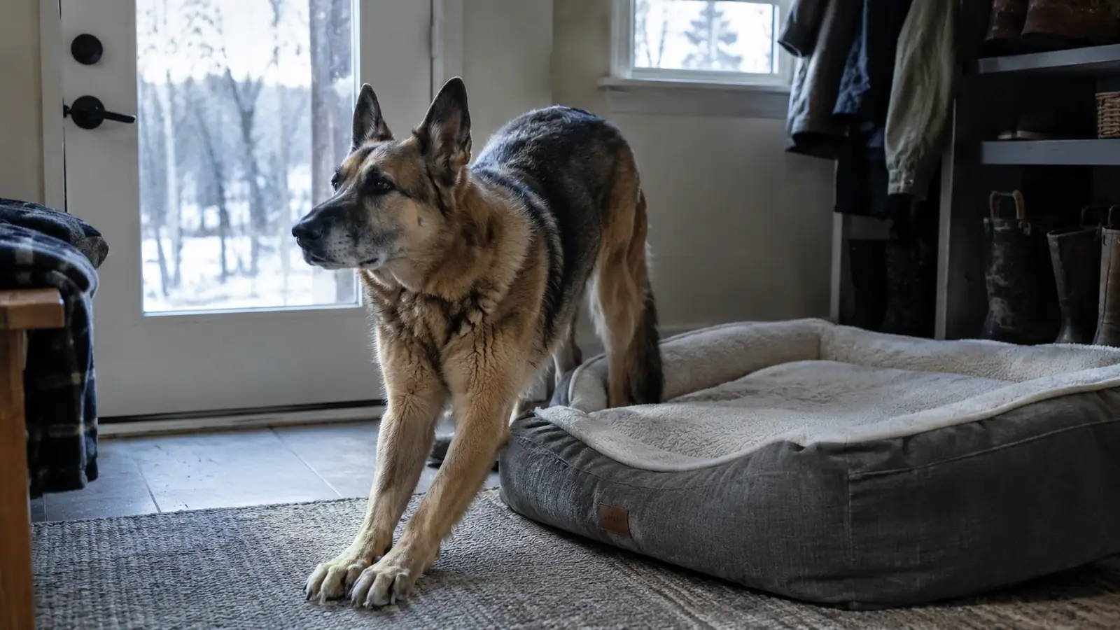 A dog stretching after climbing off an orthopedic pet bed near the back door.