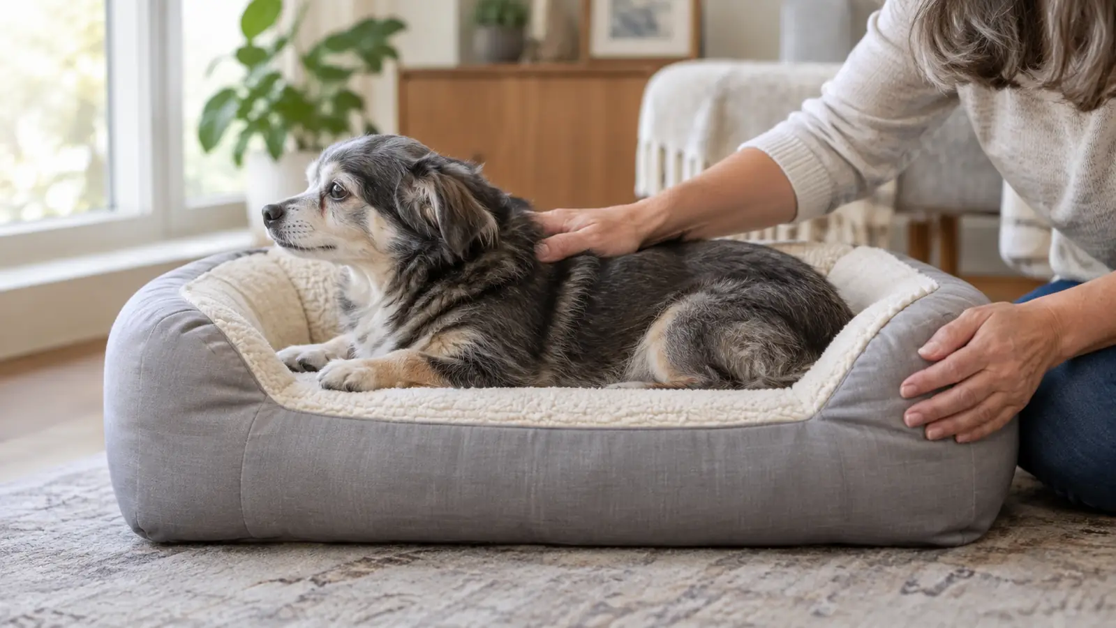 A hand pressing the center of a foam dog bed to show how quickly the surface springs back