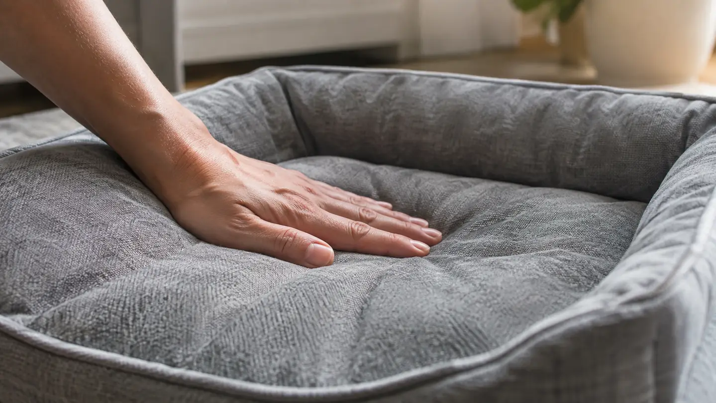 A small dog resting its chin on the raised edge of a dog bed and looking toward a window