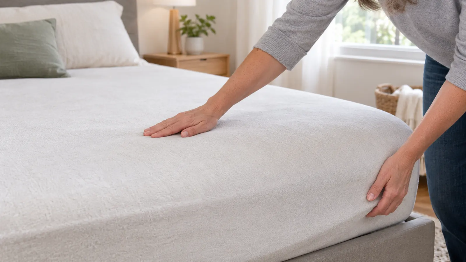 A hand smoothing the washable zippered cover of a dog bed before the dog lies down