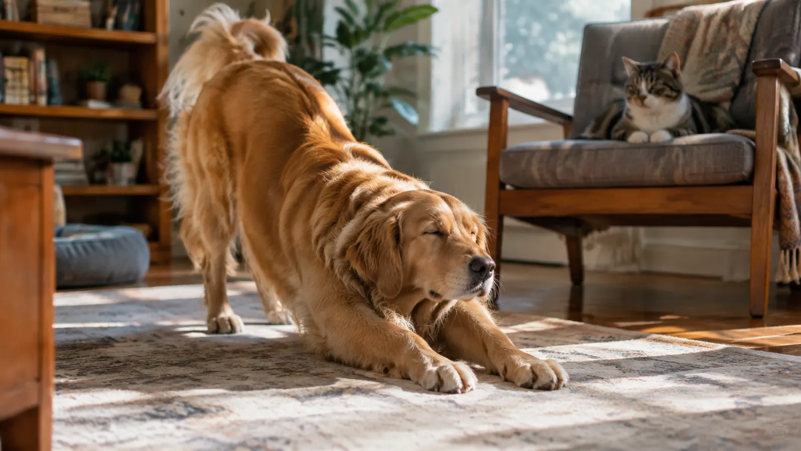 A dog stretching after a nap while a cat watches from a nearby chair