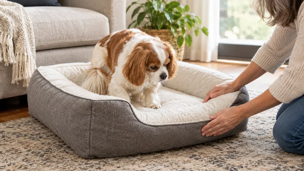 a hand smooths the washable cover of a foam dog bed as a small dog settles onto it