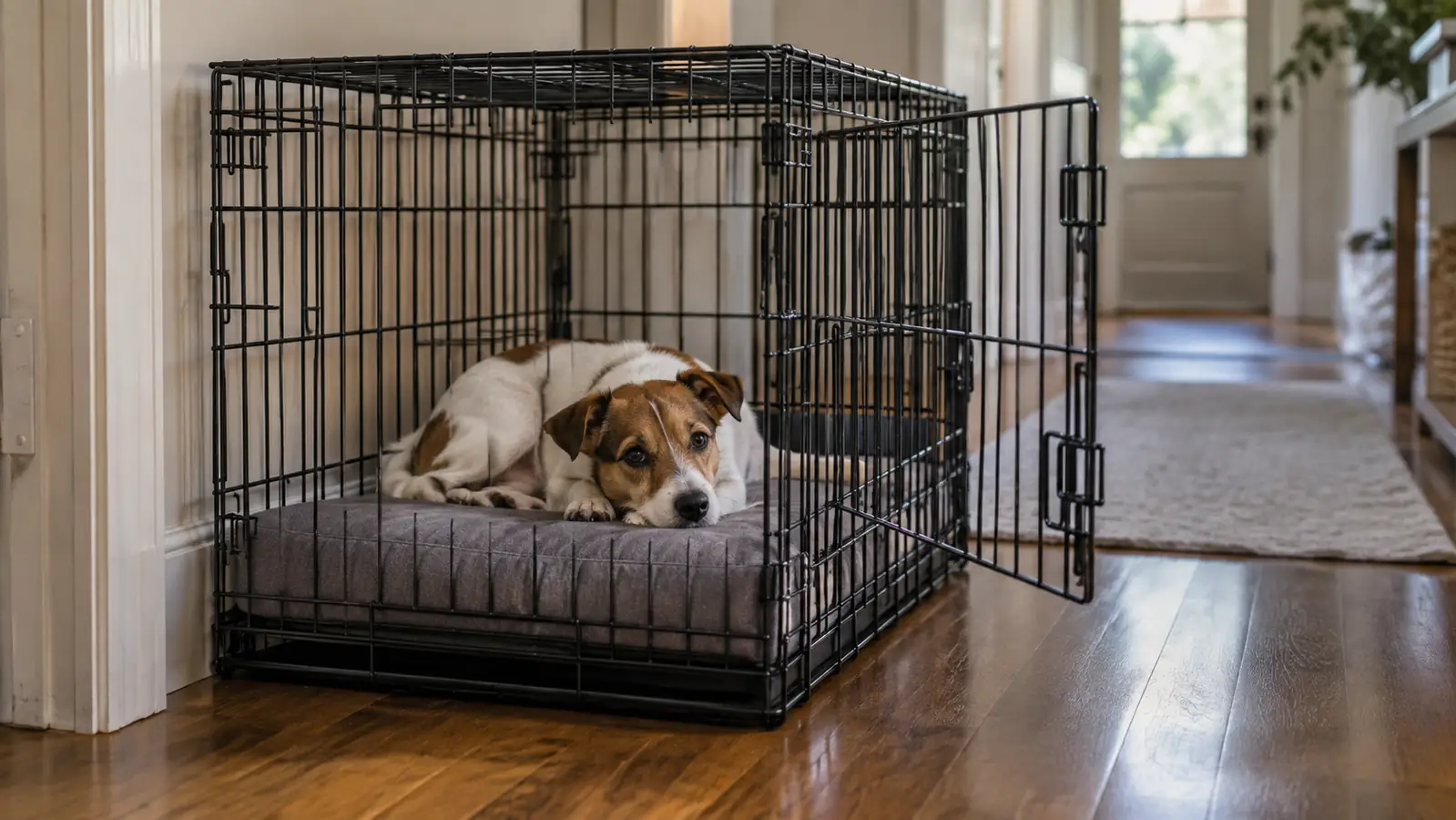 small dog resting on a flat foam pad inside an open wire crate