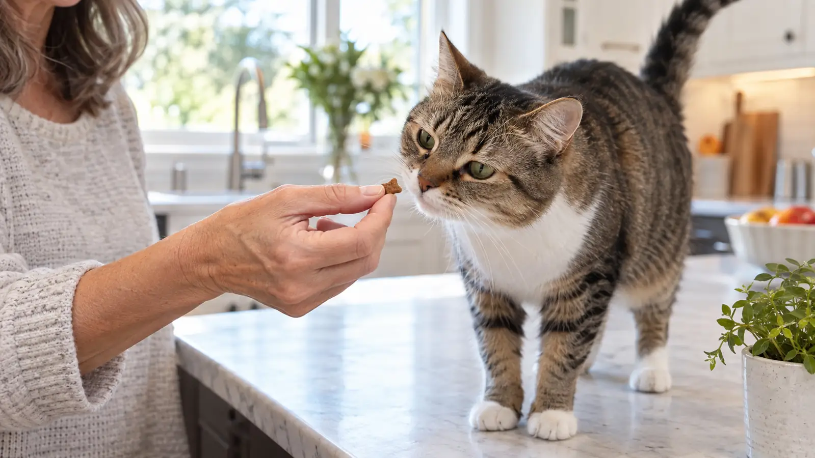 A person's hand holding a small soft treat toward a cat that leans in to sniff it in a kitchen.
