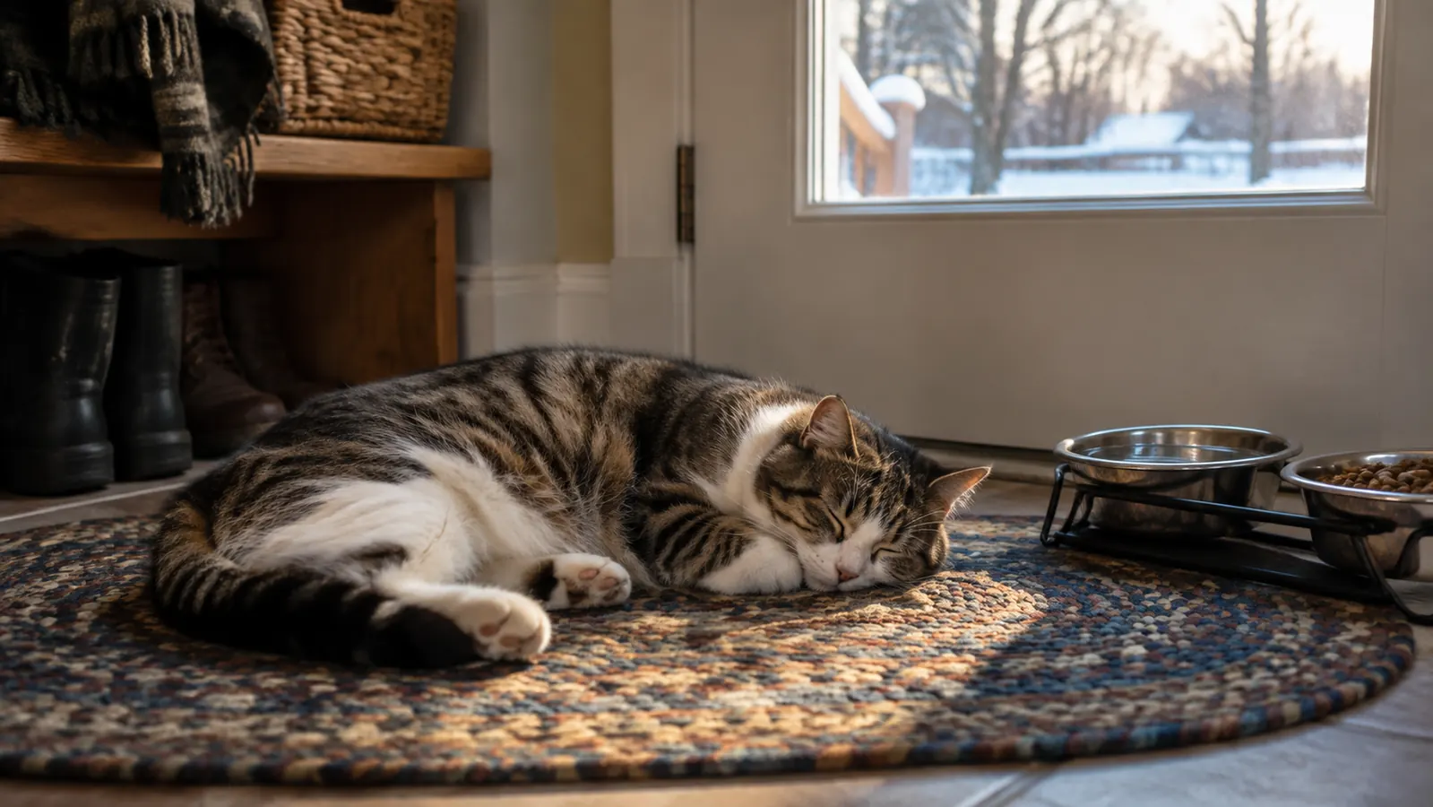 A cat curled up asleep on a braided rug beside food and water bowls near a back door.