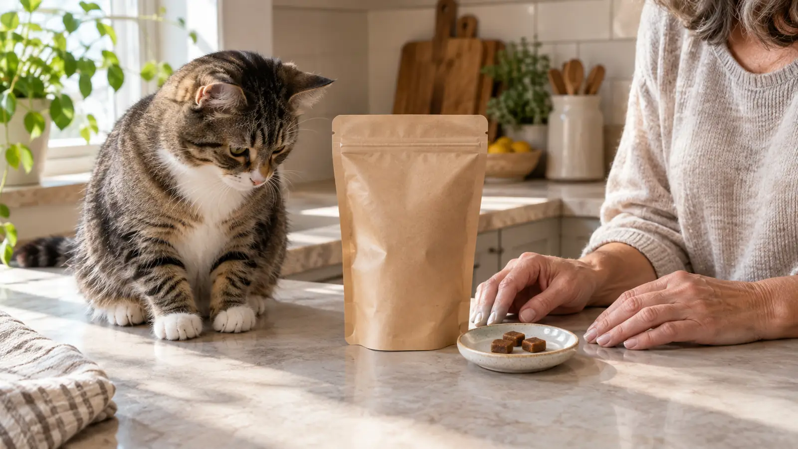 A human hand offering a small treat to a cat waiting on a kitchen counter, with the treat pouch lying flat nearby