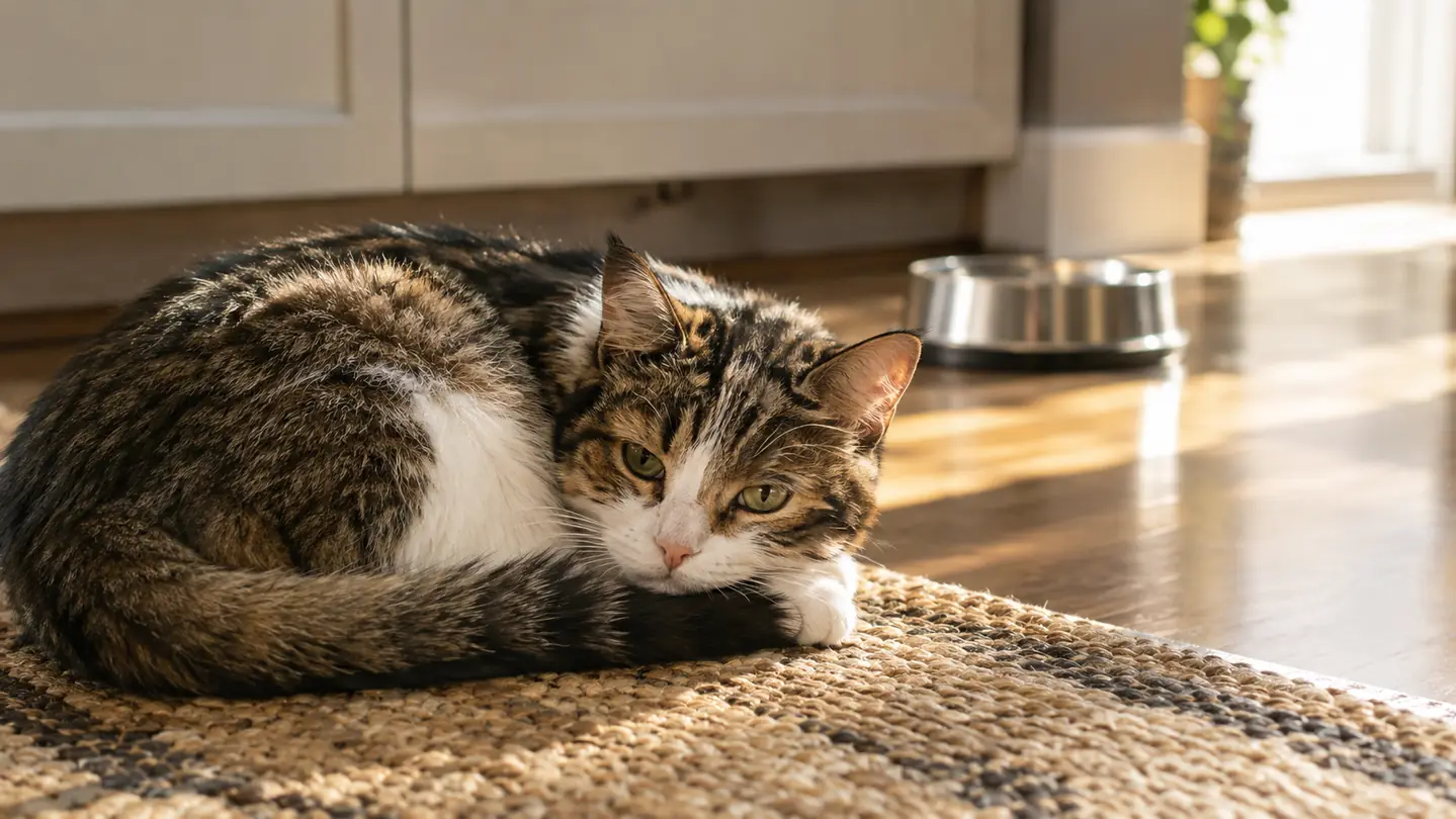 A cat curled up on a rug in a sunbeam on a kitchen floor