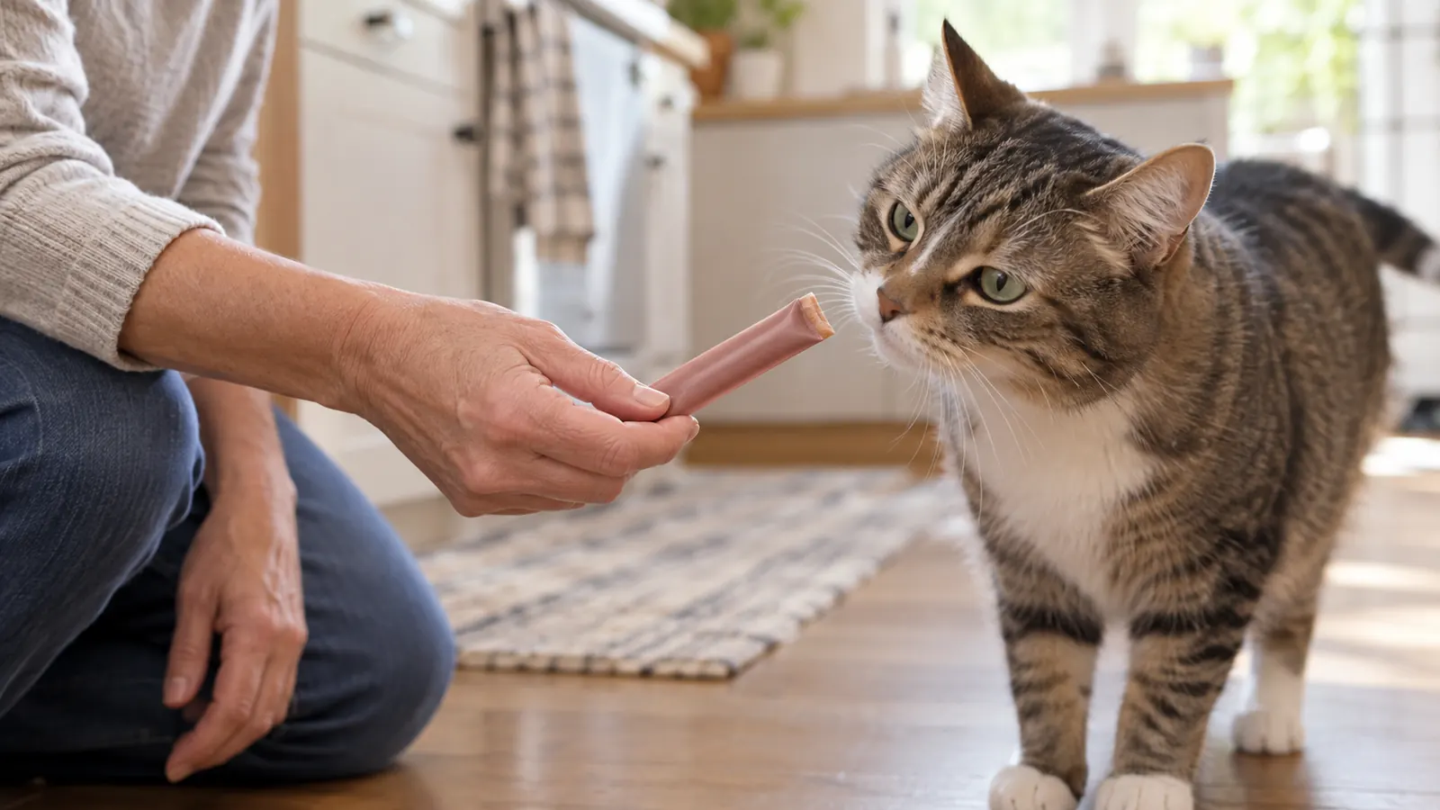 A person's hand offering a small cat treat to a cat sitting on a kitchen floor
