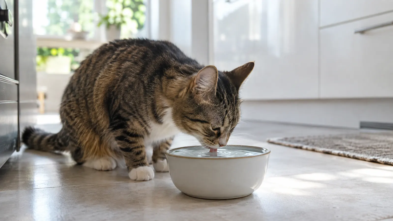 A cat drinking from a ceramic water bowl in a bright kitchen