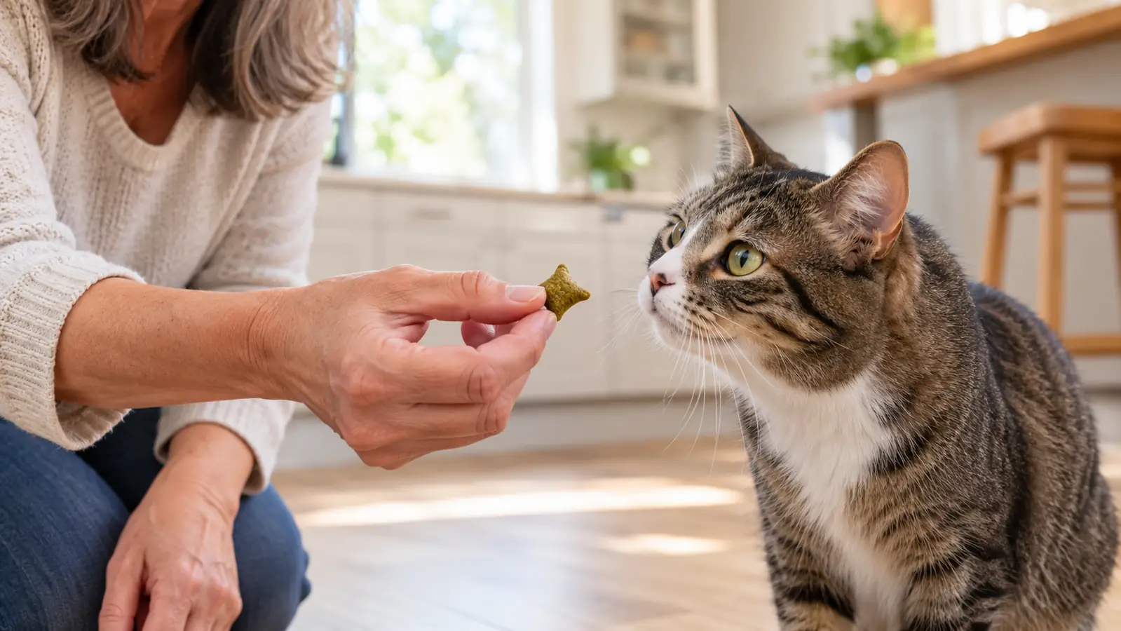A hand offering one of the Greenies Feline Smartbites to an indoor cat that is leaning in to sniff it