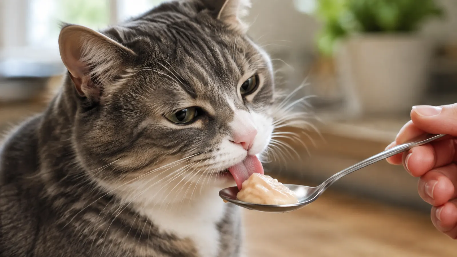 An indoor cat licking a creamy dab of cat treat from a spoon held by a person at a kitchen table