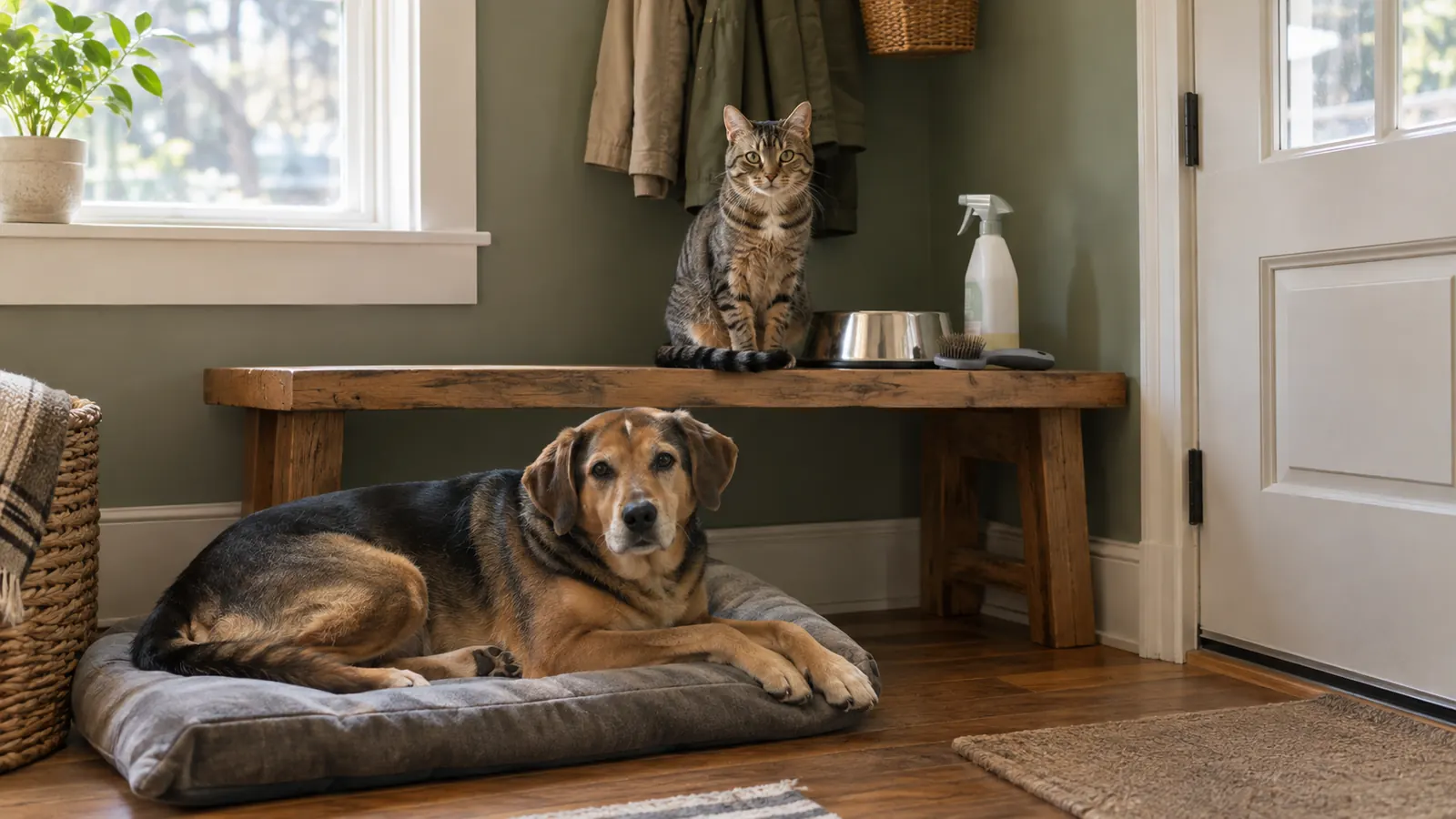 A dog and a cat resting on a hardwood floor beside a mudroom bench stacked with feeding bowls, a brush and a folded bed