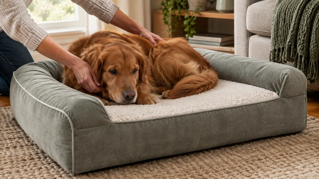 An older dog stepping onto an orthopedic dog bed with a removable washable cover