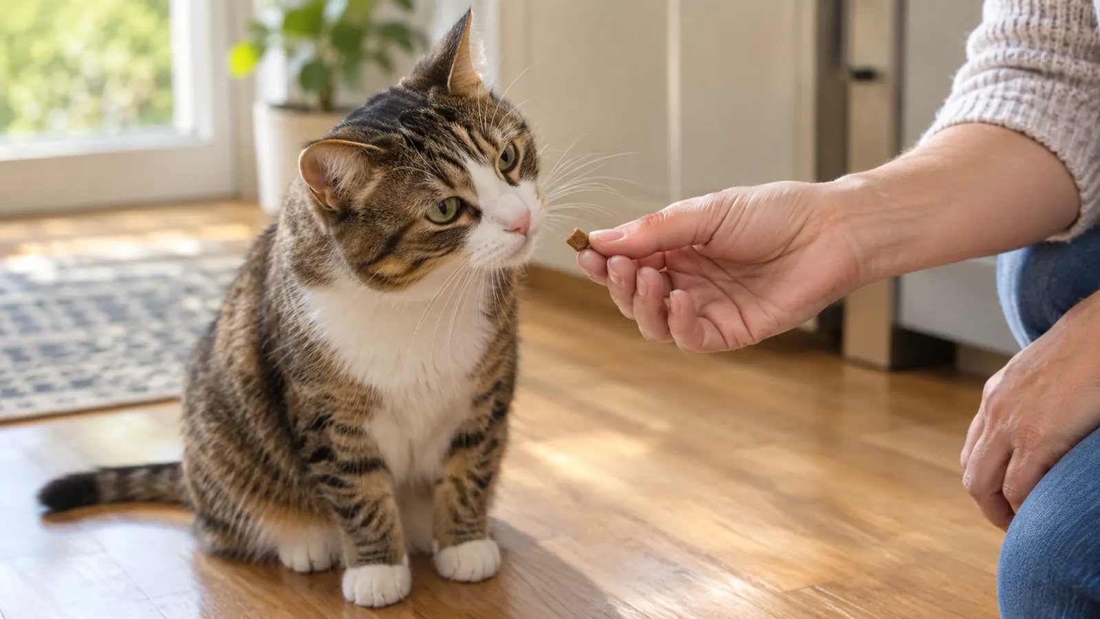 A hand offering one small bite-size treat to an indoor cat sitting on a kitchen floor