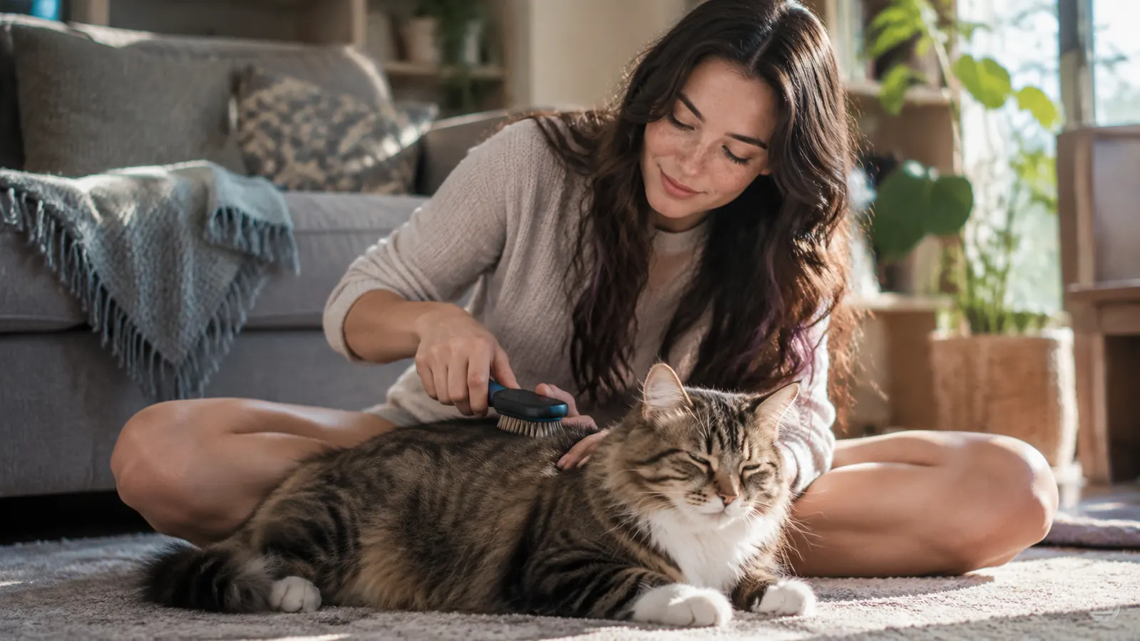 A person gently brushing the back of a relaxed indoor cat on a carpeted floor