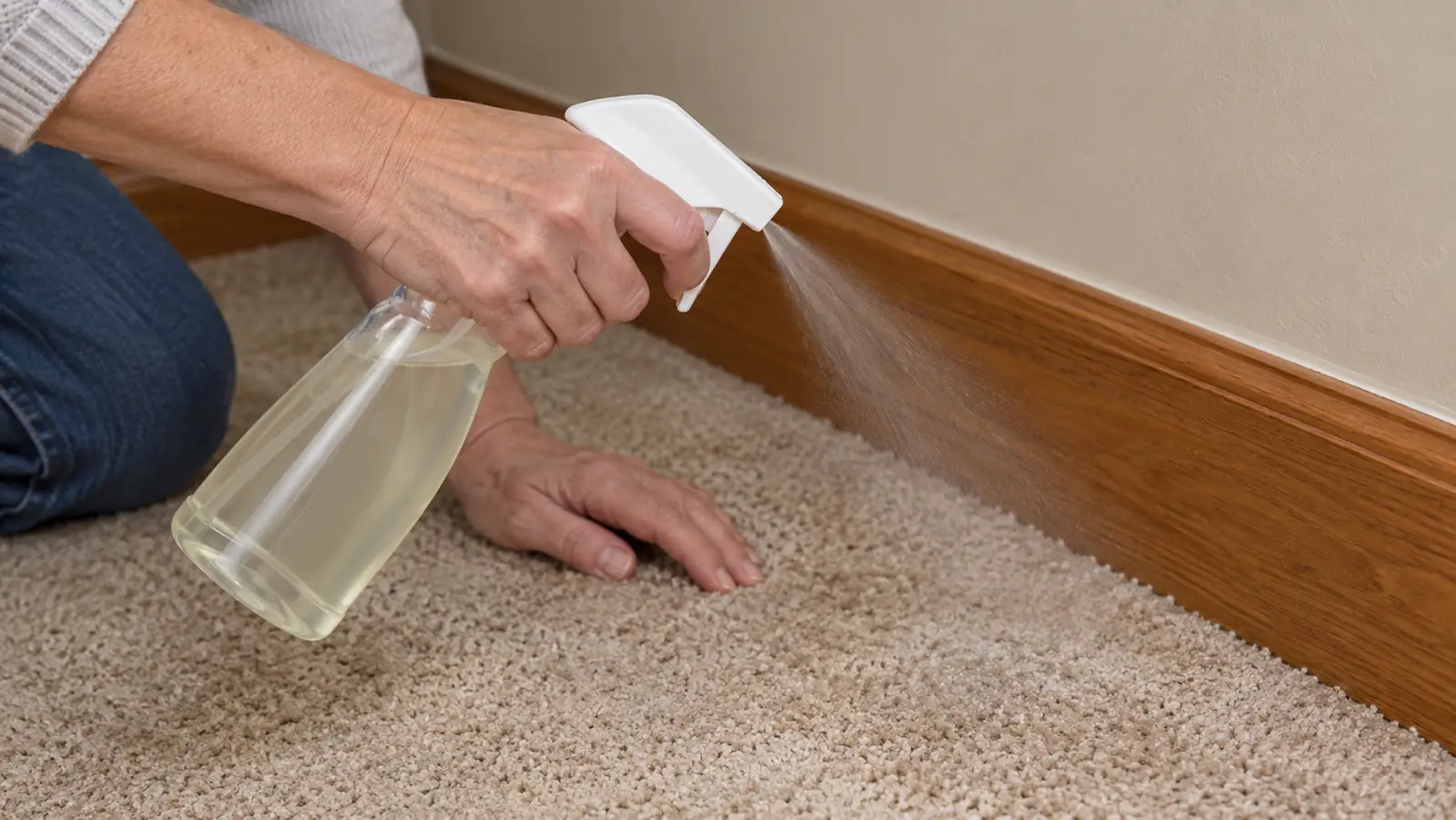 A hand pressing the nozzle of an enzyme stain remover over carpet near a baseboard