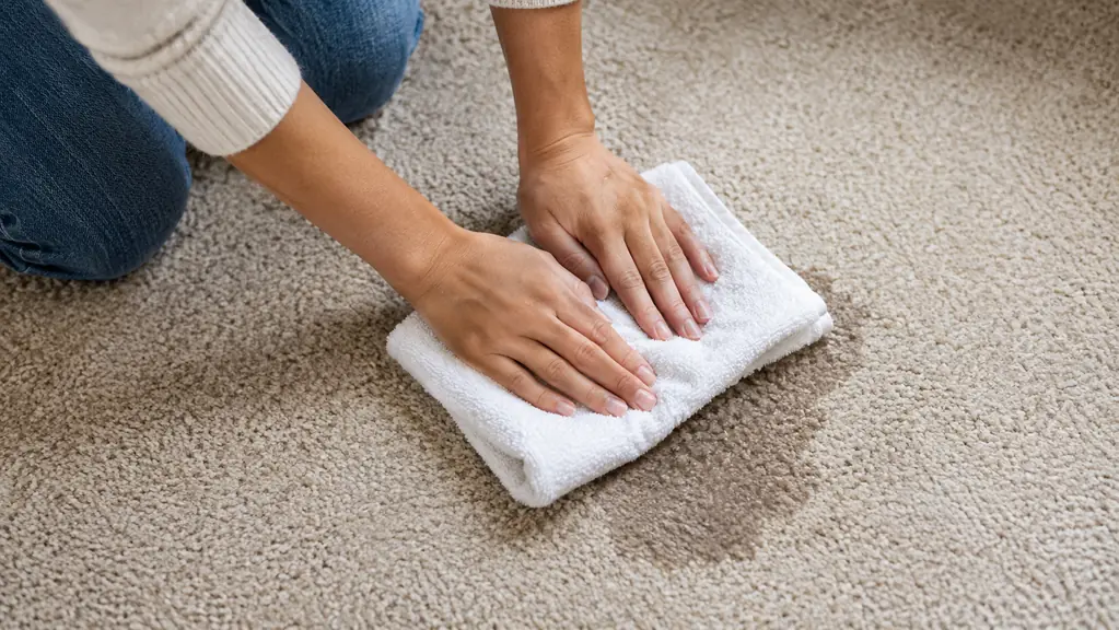 A person in socks kneeling on carpet and pressing a folded towel into a damp section