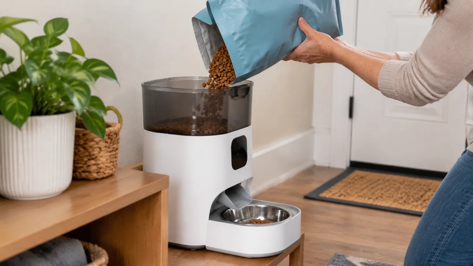 A person filling an automatic pet feeder from an open bag of dry cat food
