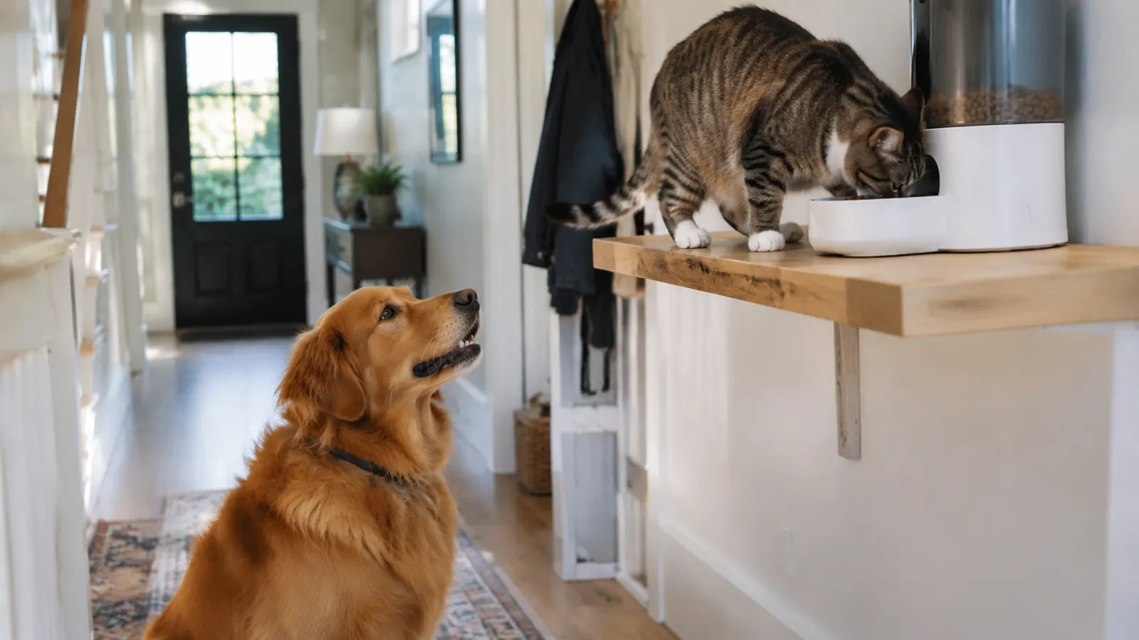 A cat eating from an automatic pet feeder on a shelf while a large dog waits on the floor