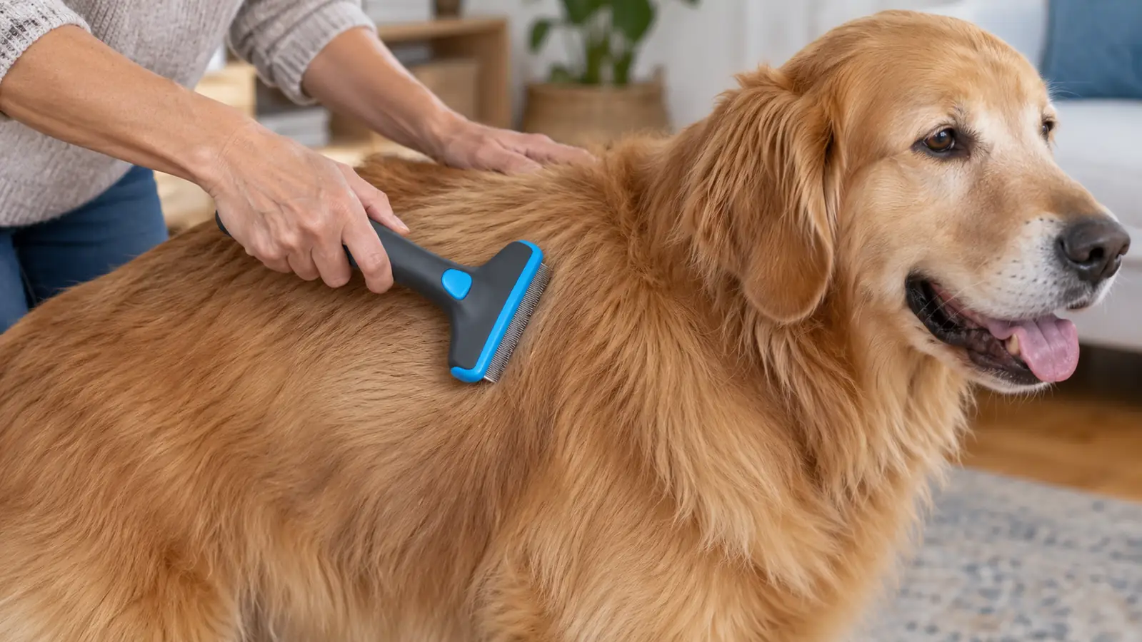 A person running the deshedding brush down the back of a large dog
