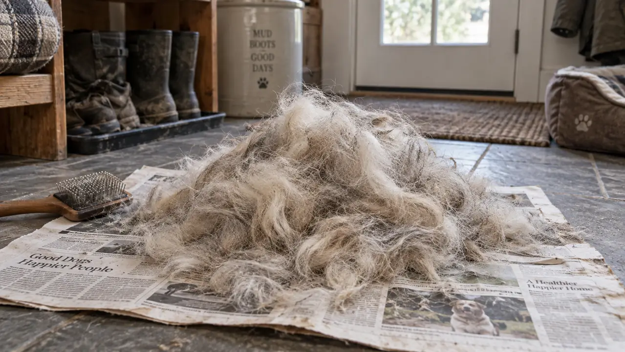 A thick pile of shed undercoat collected on an old newspaper in a mudroom