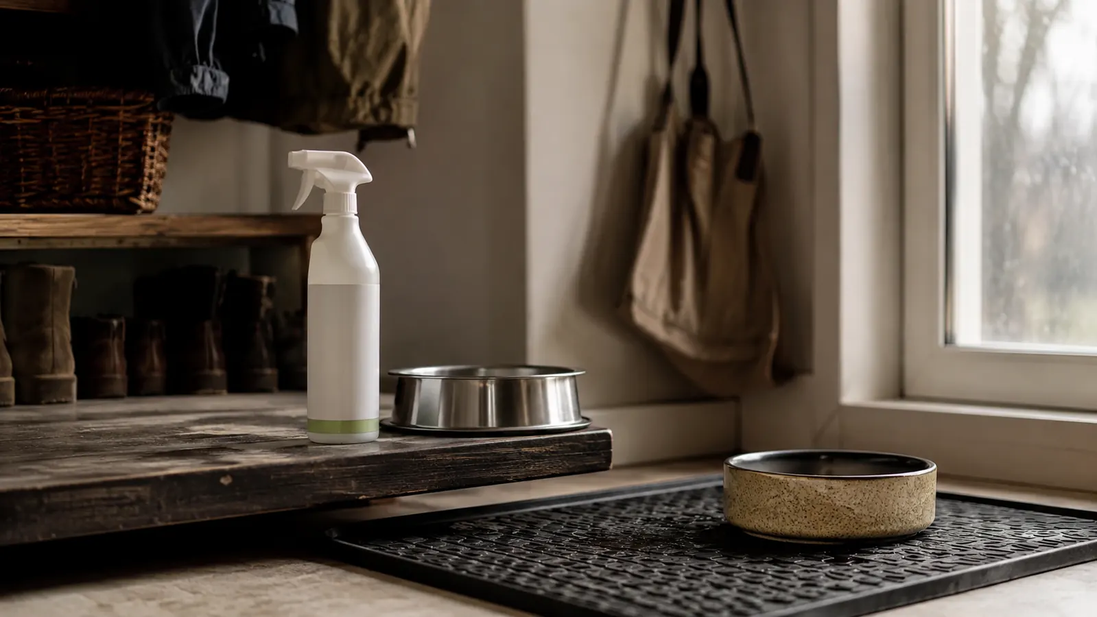 A bottle of enzyme cleaner on a rubber mat in a mudroom beside a dog bowl