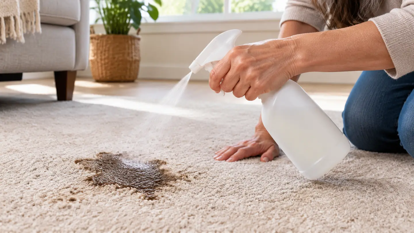 A person's hand spraying a carpet stain with a bottle of pet stain cleaner.
