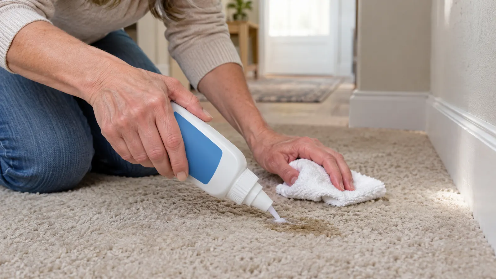 Hands in a home hallway hold a bottle of Rocco and Roxie stain and odor eliminator and apply it to a spot on a beige carpet.