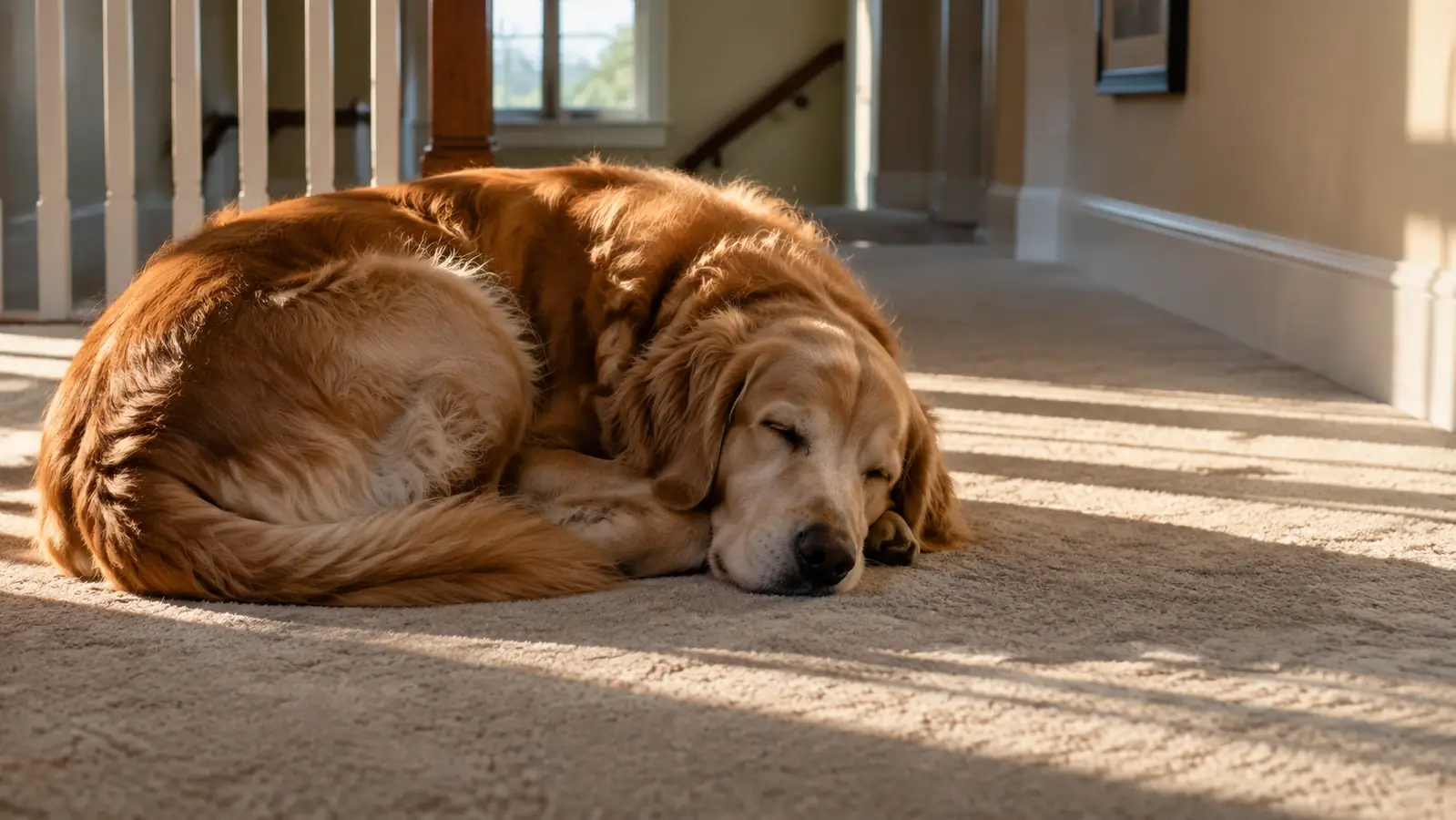 A large dog sleeps curled up on a clean patch of carpet in a sunlit upstairs hallway, beside a stair landing.