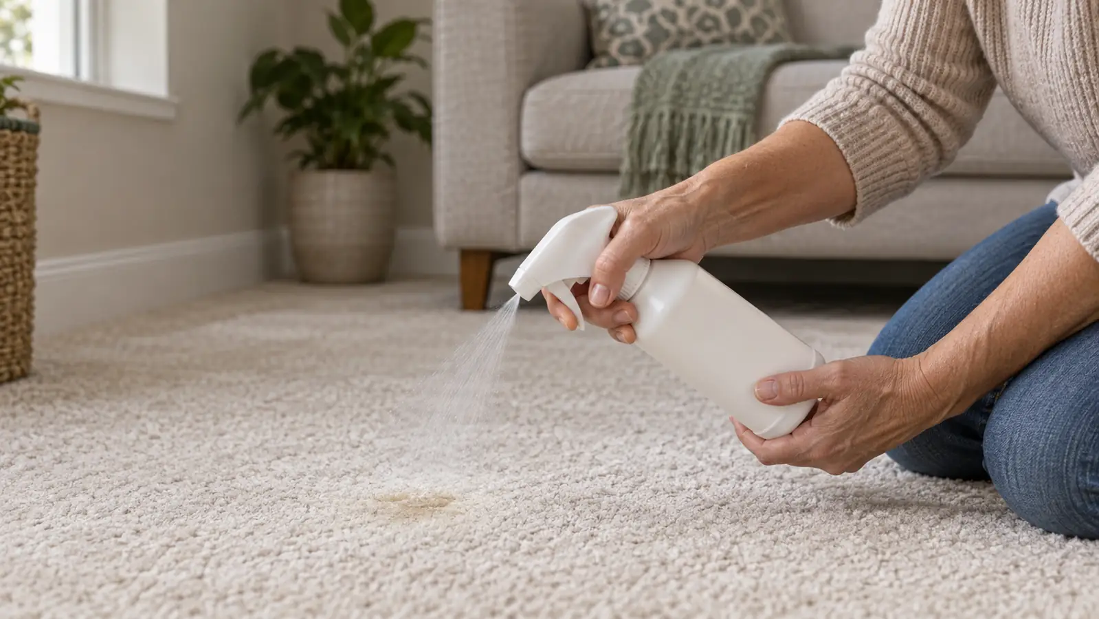 Hand spraying enzyme cleaner from a bottle onto a light colored spot on a carpet