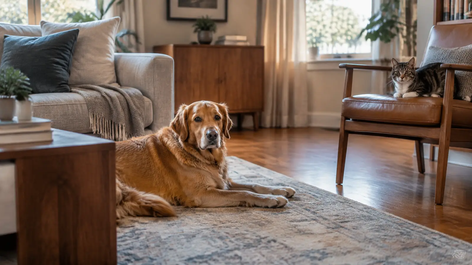 A large dog resting near a clean spot on a rug while a cat sits on a chair in the background