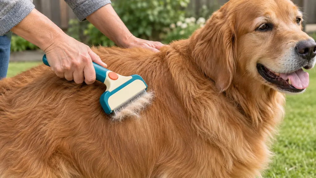 A close view of a person drawing a deshedding brush through a large dog's coat, with loose fur gathered in the teeth