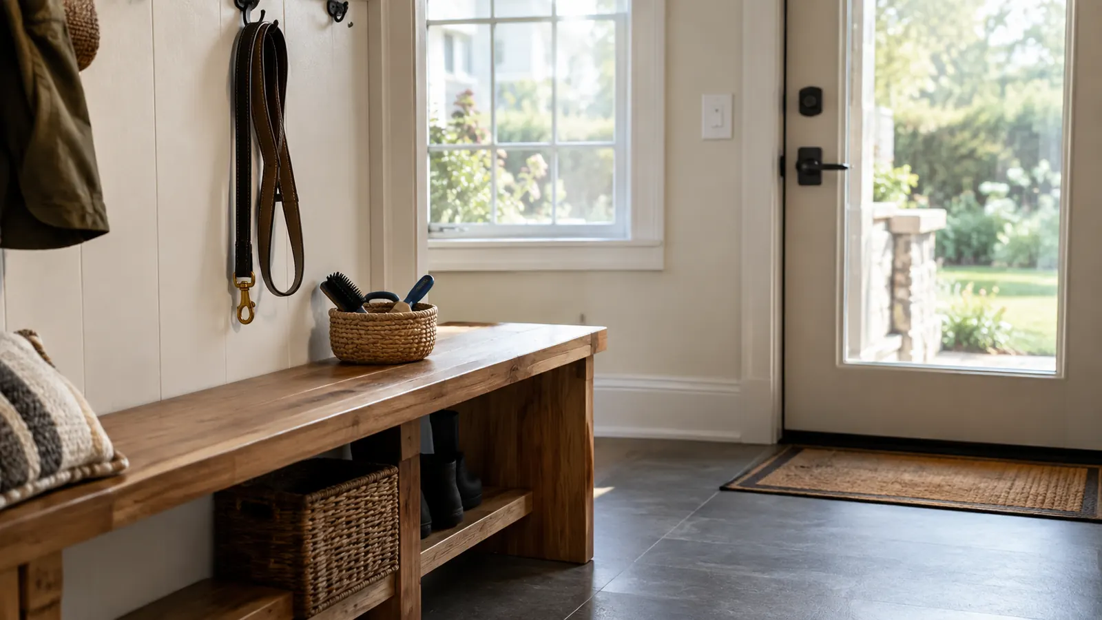 A tidy mudroom bench with a leash on a hook, a small basket of grooming tools, and a clean floor