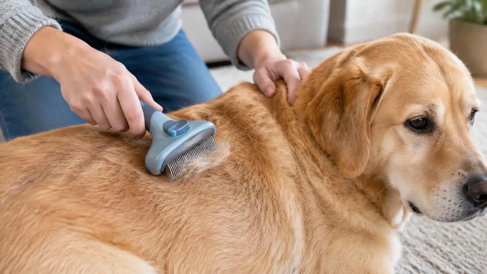 A hand using the Thunderpaws deshedding brush on the back of a calm large dog, with loose undercoat lifting out of the fur.