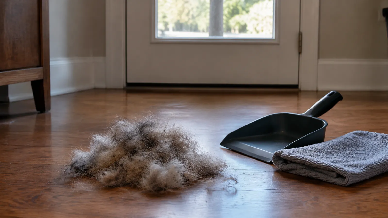 A collected pile of dog fur on a hardwood floor next to a dustpan and a folded towel, with daylight coming from a back door.