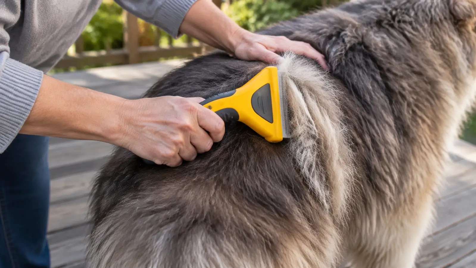 A person's hand holds a deshedding brush against the back of a large dog with a heavy coat, and loose undercoat is visible lifting away from the coat.
