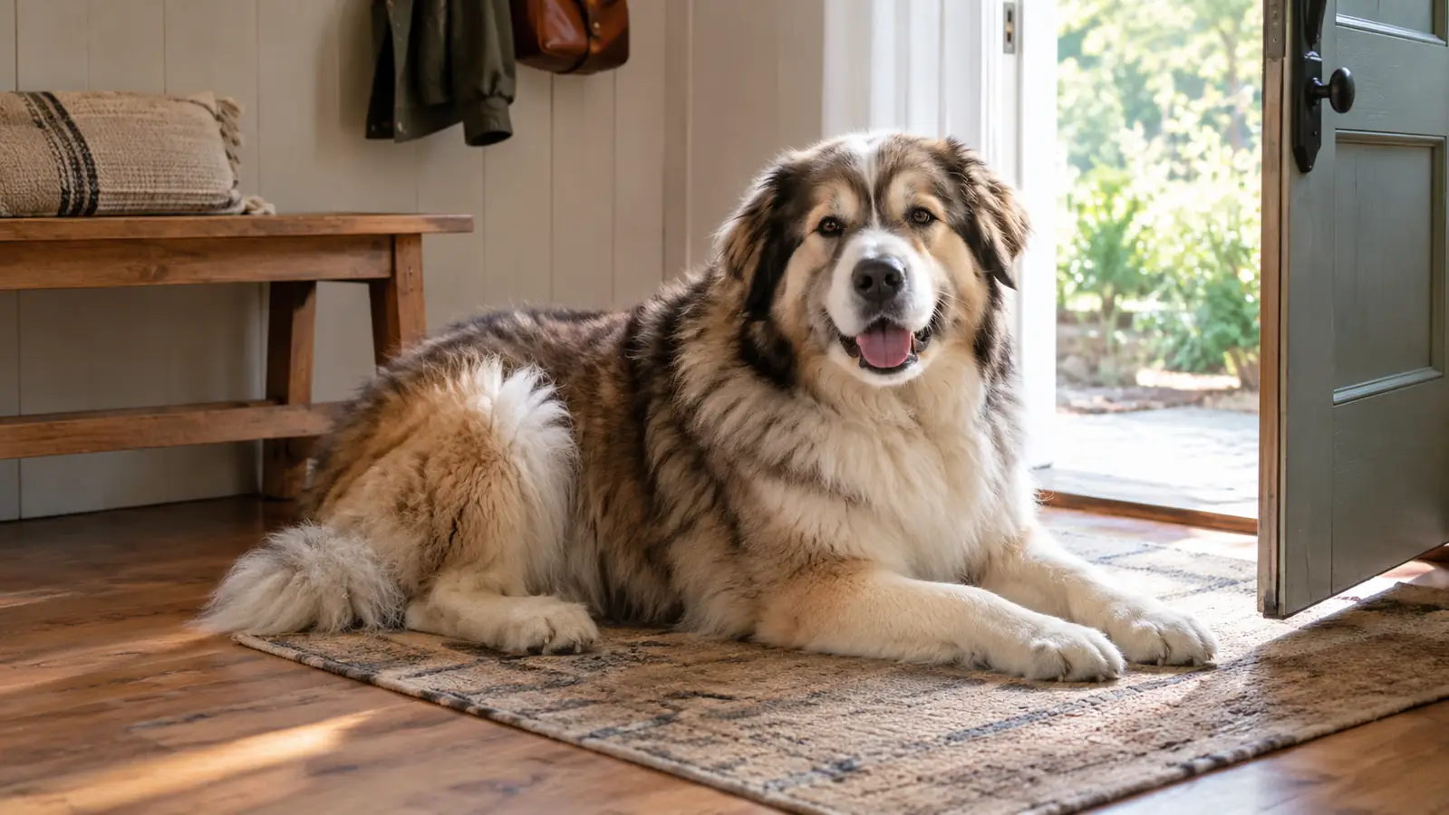 A large dog lies on a rug in a bright mudroom near a back door, looking calm and relaxed after a grooming session.