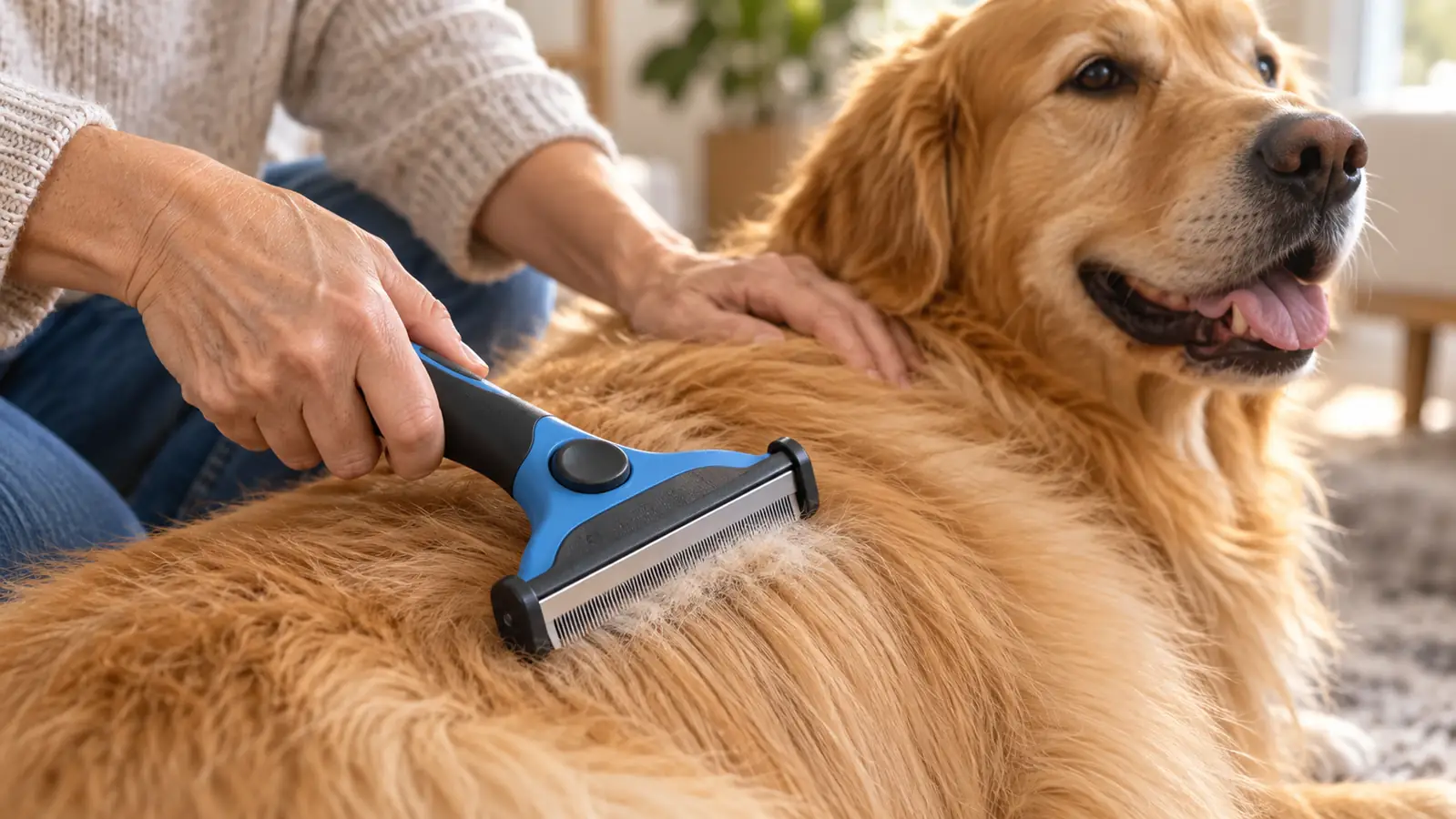 Close view of a two-ended deshedding tool moving through a dog's coat, leaving a clean line through the fur