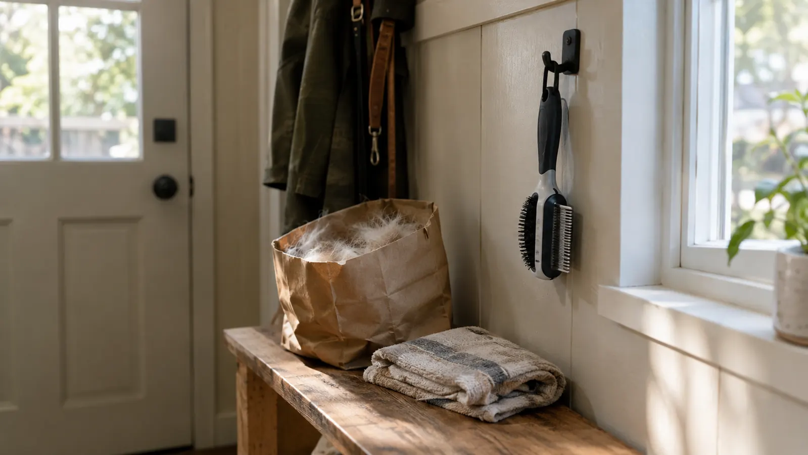 A mudroom wall hook holding a two-in-one grooming tool above a bench with a small bag of brushed dog fur