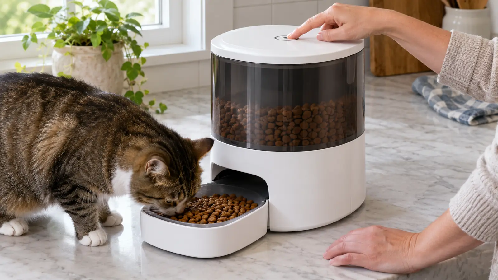 Automatic pet feeder on the counter with a cat eating from the tray