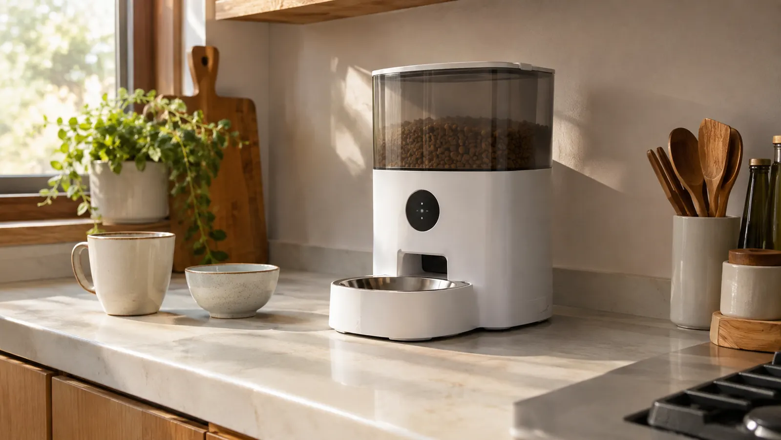 Empty kitchen counter with the automatic feeder, morning light and a coffee cup